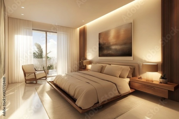 Fototapeta modern living room, Japandi minimalist bedroom with elegant floating bed on tatami mats, hanging artwork above, soft natural light from large windows,