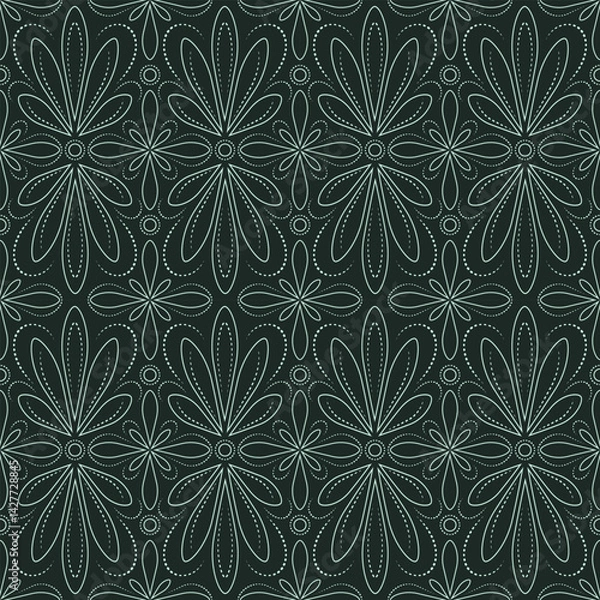 Fototapeta Openwork seamless vector pattern on dark green background, monochrome elegant lace ornament