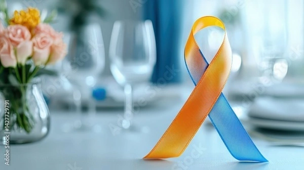 Obraz Orange and blue ribbon on a table with flowers, symbolizing hope and unity.