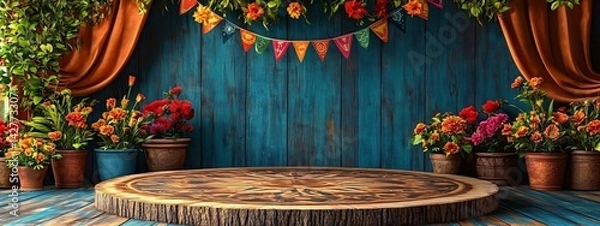 Fototapeta A vibrant wooden platform adorned with colorful flower patterns, perfect for Cinco de Mayo or festive decorations, showcasing warm tones and inviting atmosphere.