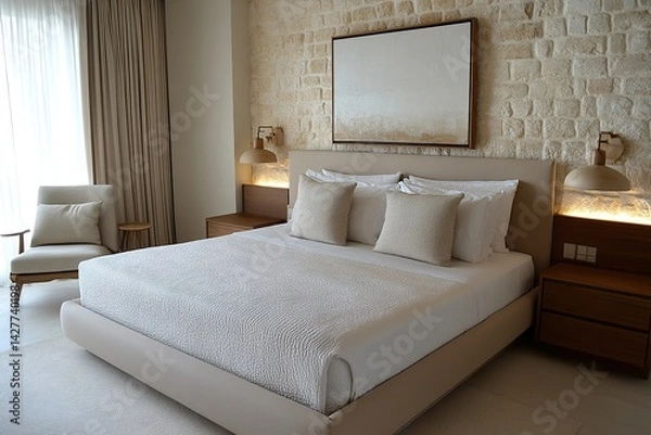 Fototapeta bedroom with bed, Japandi minimalist bedroom with elegant floating bed on tatami mats, hanging artwork above, soft natural light from large windows,