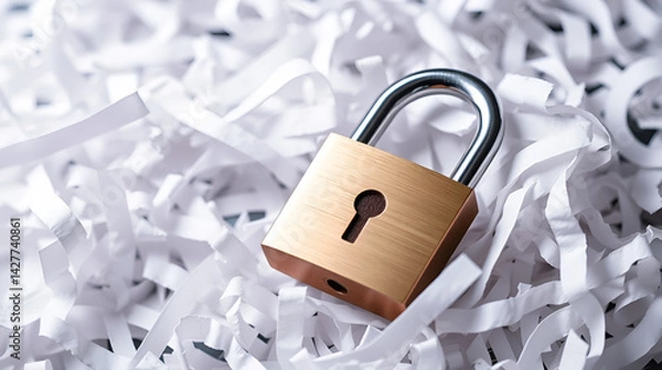 Fototapeta Secure Data Protection Concept - A metallic padlock rests on shredded paper, symbolizing data security and privacy protection.