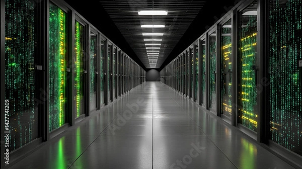 Obraz Bright data center with AI training cluster Supercomputing and   manufacturing plant with advanced mechanical machinery and realtime machine learning data analysis for process improvement