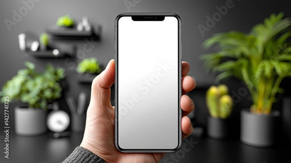 Fototapeta A blank white screen smartphone mockup with blank screen in a home setting surrounded by plants 