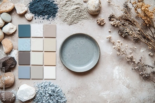Fototapeta  Artistic composition of various stone slabs in circles, squares, rectangles, and circular plates, stacked in layers, showcasing neutral tones against a light beige background, 