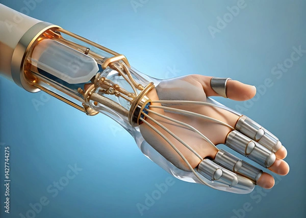 Fototapeta Neuralink Robotic Arm Interface: Prosthetic Gauntlet with Gold Neural Contacts