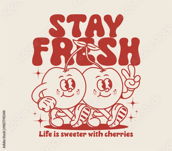 Obraz Stay Fresh slogan with a retro cherry cartoon character perfect for print design, t shirts, posters, stickers, apparel, and more