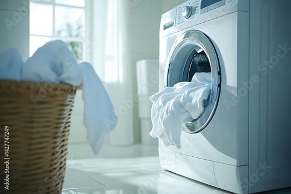 Fototapeta Laundry day in a modern home. Clothes being loaded into a washing machine