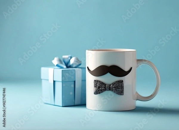 Fototapeta Coffee Mug with Mustache and Bow Tie Next to Blue Gift