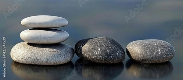 Fototapeta Stacked Stones 3D Rendered Zen Rock Composition, Balance, Serenity, Gray and White Pebbles Zen, Balance