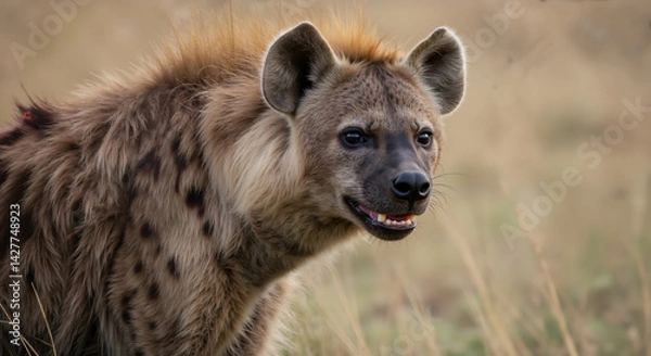 Fototapeta Hyena with open mouth showing teeth in dry savanna grass. Wild predator with aggressive expression and spotted coat. Wildlife behavior documentation and nature conservation awareness materials
