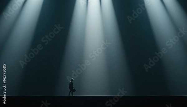 Obraz Lone traveler walking under dramatic light beams in vast empty space