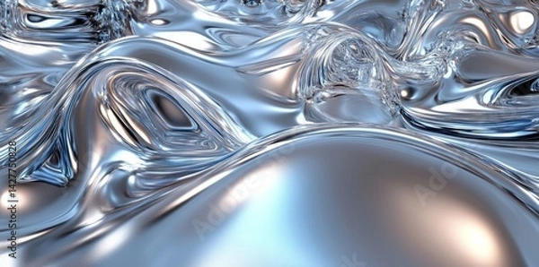 Fototapeta Wavy silver curves, shiny chrome surface.