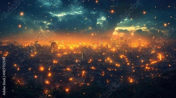 Fototapeta A City of Golden Lights at Twilight, Illuminated by a Celestial