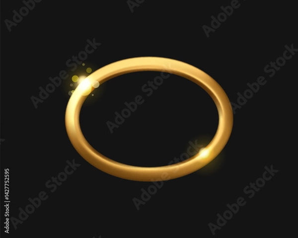 Obraz Golden realistic shining frame vector 3d icon. Gold metal oval circle on black background, thick border round award badge with place for text. Elegant bold design in ellipse shape