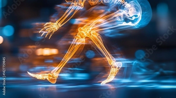 Fototapeta dynamic silicon skeleton of a running human in motion with neon highlights