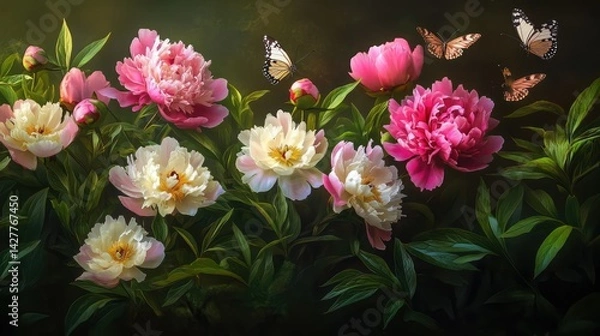 Fototapeta A vibrant arrangement of blooming pink and white peonies set against a dark background.