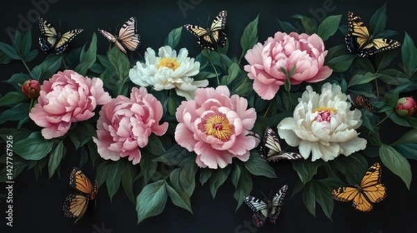 Obraz A vibrant arrangement of blooming pink and white peonies set against a dark background.