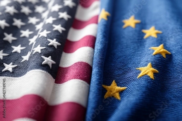 Obraz Close-up of the United States and European Union flags side by side with detailed fabric texture. Symbolizes diplomacy, international relations, and transatlantic cooperation.