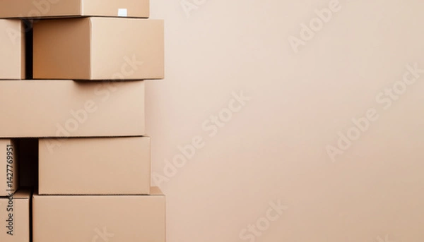 Fototapeta Stack of plain cardboard boxes aligned on the left side against a beige background. Useful for logistics, shipping, packaging, storage, and e-commerce concepts with copy space.