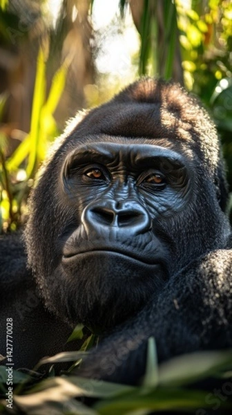 Fototapeta Close-up of a gorilla resting in the jungle with soft light highlighting its expressive face. Highlights wildlife, animal emotion, endangered species, and conservation themes.