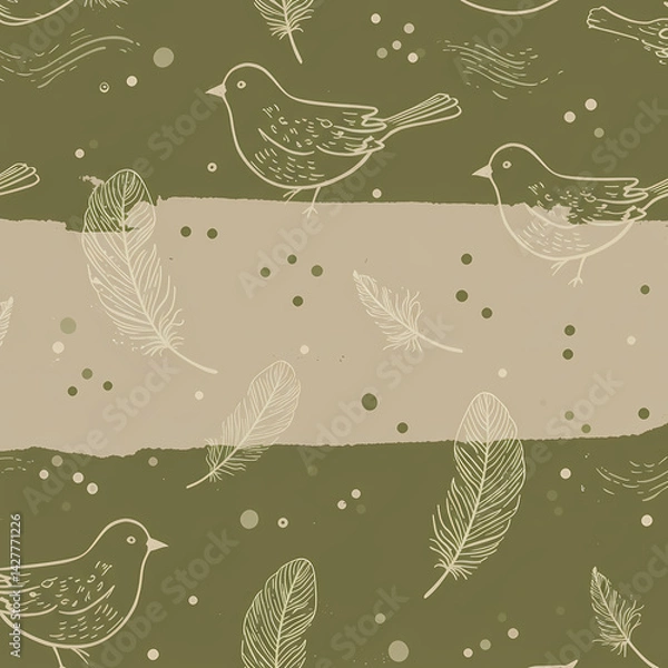 Obraz Elegant Bird and Feather Seamless Pattern Olive Green and Beige Design
