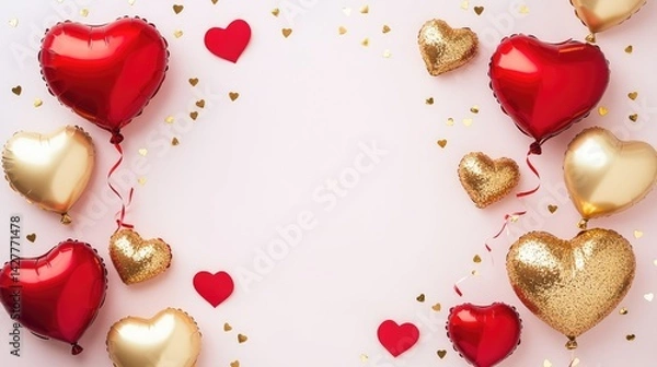 Fototapeta A festive arrangement of red and gold heart-shaped balloons with ribbons