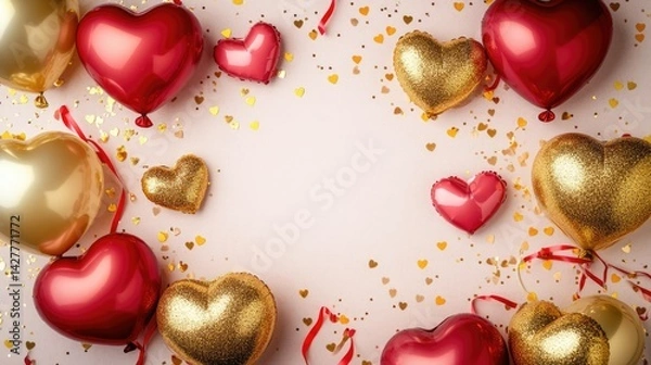 Fototapeta A festive arrangement of red and gold heart-shaped balloons with ribbons