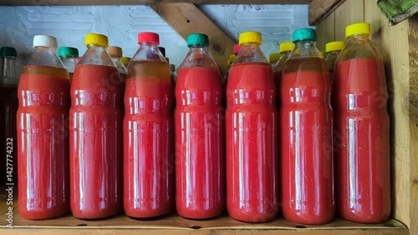 Fototapeta tomato juice preserved in the glass bottles