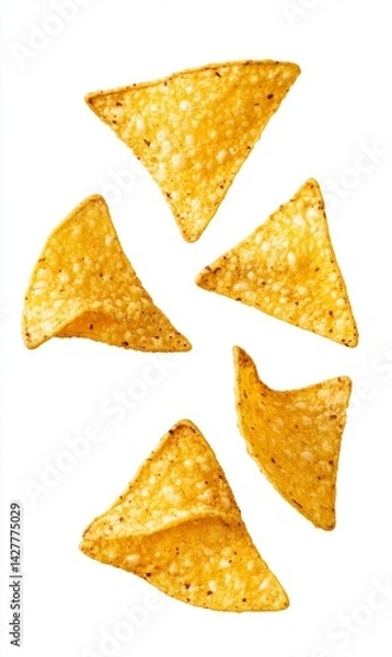 Obraz Crispy, triangular tortilla chips arranged in a dynamic pattern against a white background.  The chips exhibit a golden-yellow hue, with visible texture and seasoning