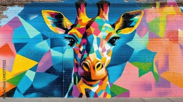Obraz A colorful mural on a brick wall depicts a vibrant, geometric giraffe.