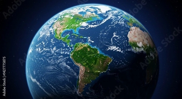 Fototapeta From space, a realistic view of Earth displays illuminated continents, blue oceans with clouds, and city lights on the night side, offering a global perspective