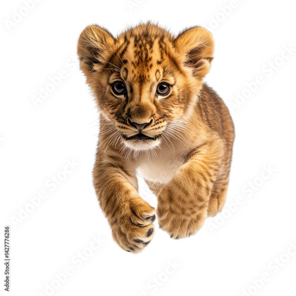 Fototapeta  Lion cub running isolated on white background.