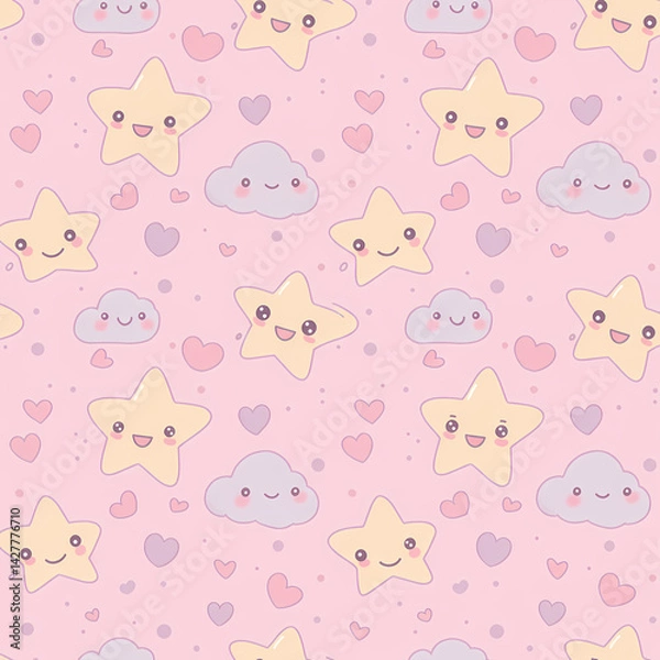 Fototapeta Adorable Kawaii Stars and Clouds Seamless Pattern Pink Pastel Background