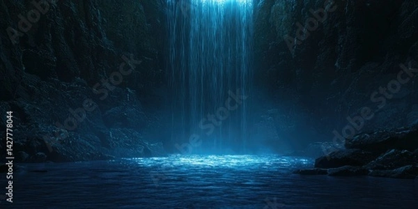 Fototapeta A deep underground cavern, where an eerie blue waterfall is the only source of light.