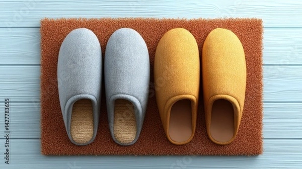 Obraz Cozy home scene featuring two pairs of colorful slippers relaxing side-by-side on a soft rug in a welcoming atmosphere