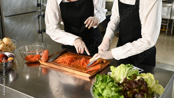 Obraz Two chefs are cutting vegetables on a cutting board. One of them is pointing to a carrot.