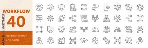 Fototapeta Workflow icon set. Work process related line icons: networking, scheme, timeline, method, gear, management, planning, diagram, flowchart and more. Editable stroke. Vector illustration.