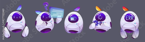 Obraz Chatbot AI character set - curious robot assistants. Quirky bots express confusion, show low battery, settings and error message. Friendly androids engage users, guide conversations, provide help.