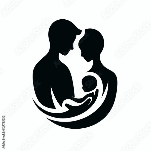 Fototapeta very simple flat and single minimalist Parent  Child Silhouettes in black on a white background