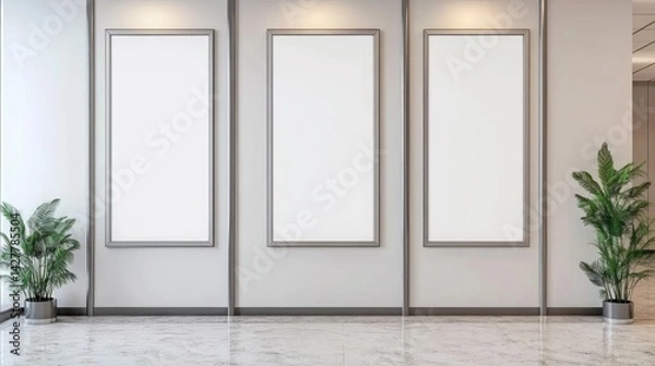 Fototapeta Modern minimalist hallway with empty display frames.