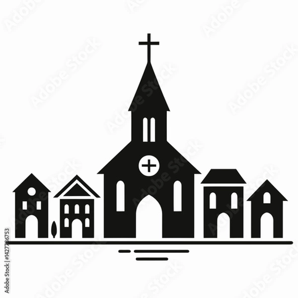 Fototapeta very simple flat and single minimalist Church Building Silhouettes in black on a white background