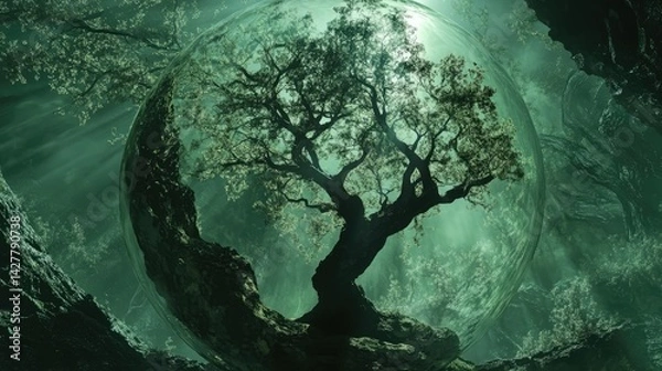 Fototapeta a close up of a glass ball with a tree inside, tree of life inside the ball