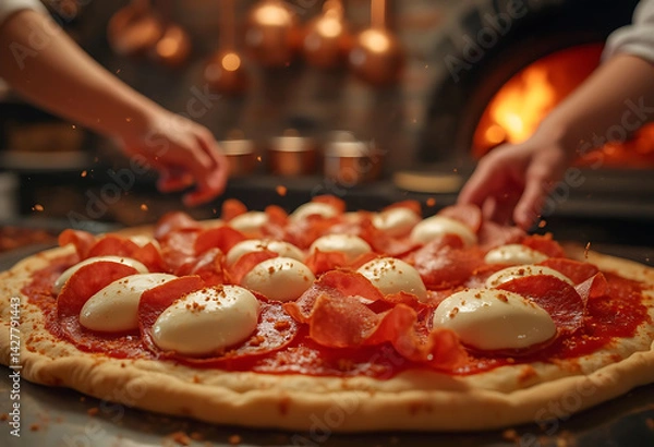Fototapeta Artisan pizza preparation in rustic kitchen with cheese and pepperoni by stone oven.