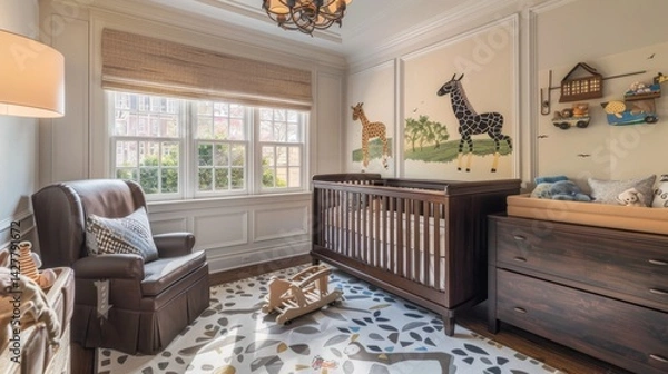 Obraz kid's room with wooden crib, wall decor, and gentle tones