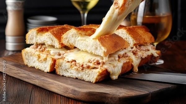 Fototapeta Person Slicing Freshly Made Sandwich with Knife on Wooden Cutting Board