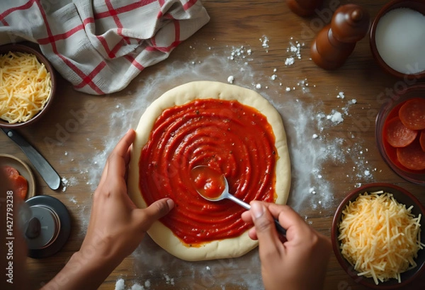 Fototapeta Hands preparing homemade pizza with tomato sauce on dough.