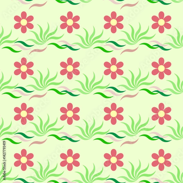 Fototapeta Flowers on a wavy line in green tones seamless