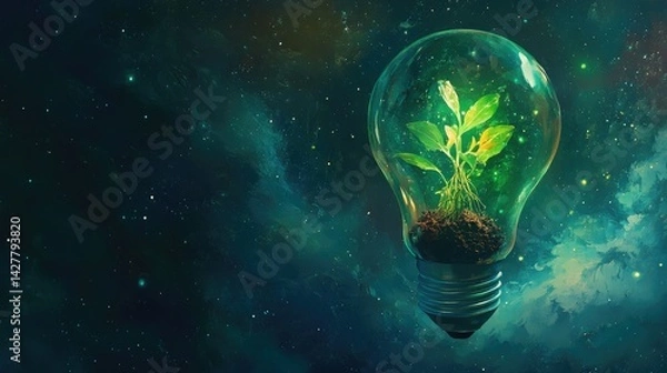 Obraz a green light bulb with a plant inside of it, green energy, environmental light