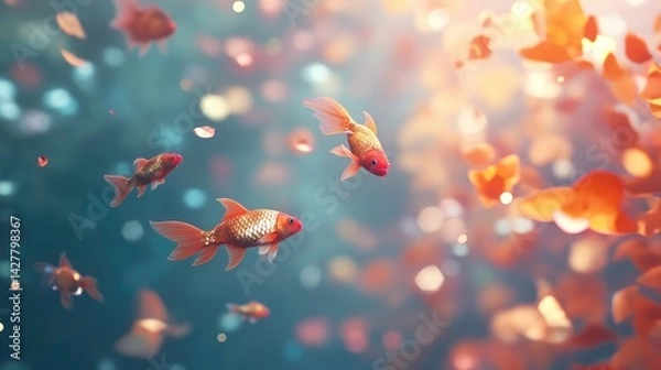 Fototapeta there are many goldfish swimming in the water with a lot of fish, floating goldfish